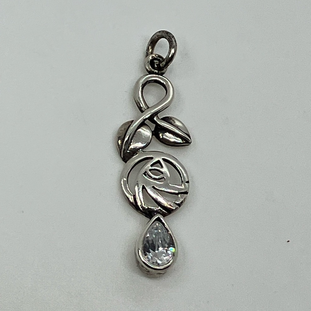 Vtg 925 Sterling Silver Cz Flower Leaf & Vine Charm / Pendant
